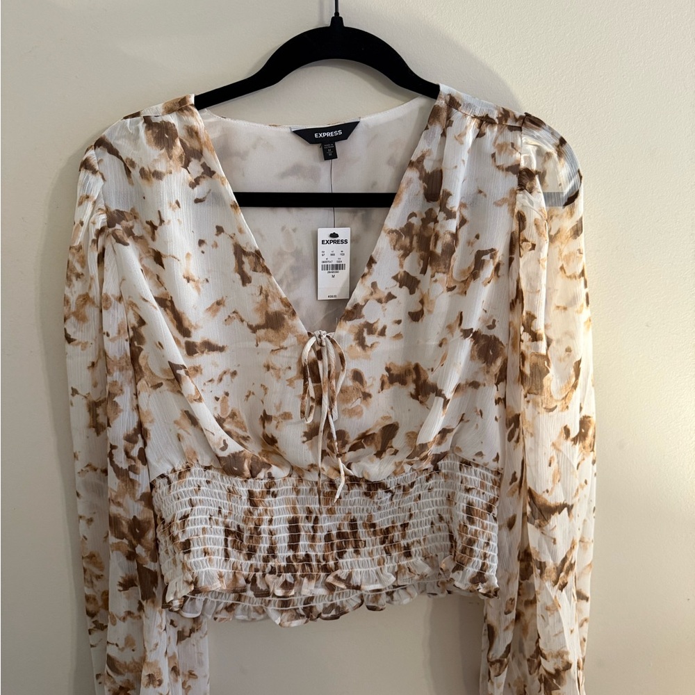 Express Women's Brown and White Smocked Top